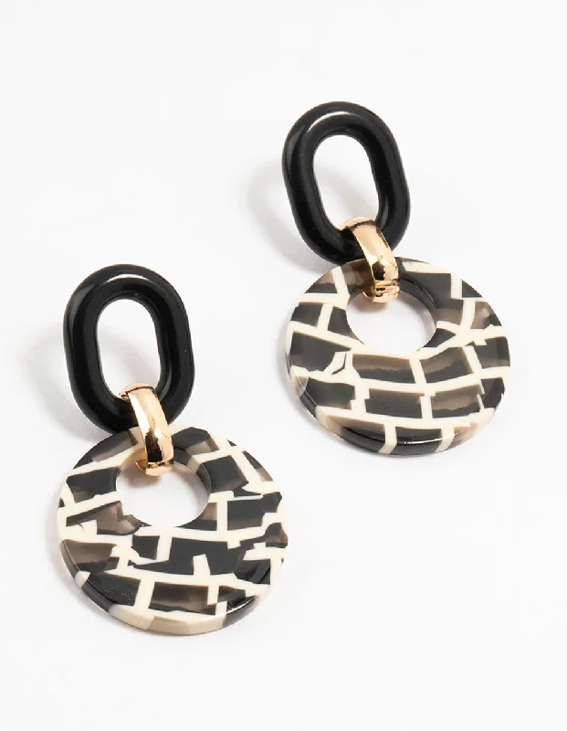 Handcrafted diamond ladies earrings-Acrylic Black & White Checked Disc Drop Earrings