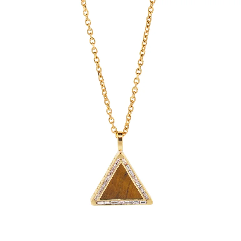 Luxury ladies necklaces with gemstones-Tiger's Eye Triangle Pendant Necklace with Diamond Baguettes