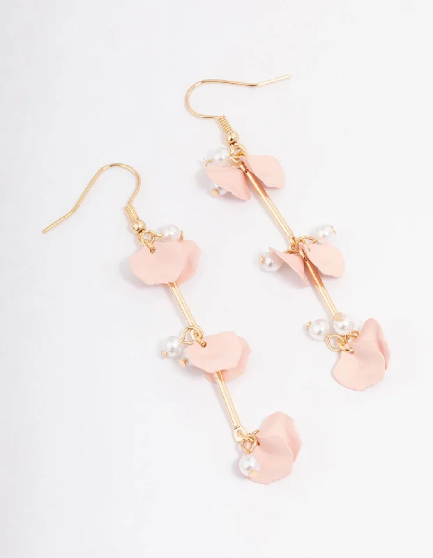 Rose gold ladies earrings-Blush Pearl & Petal Bar Drop Earrings