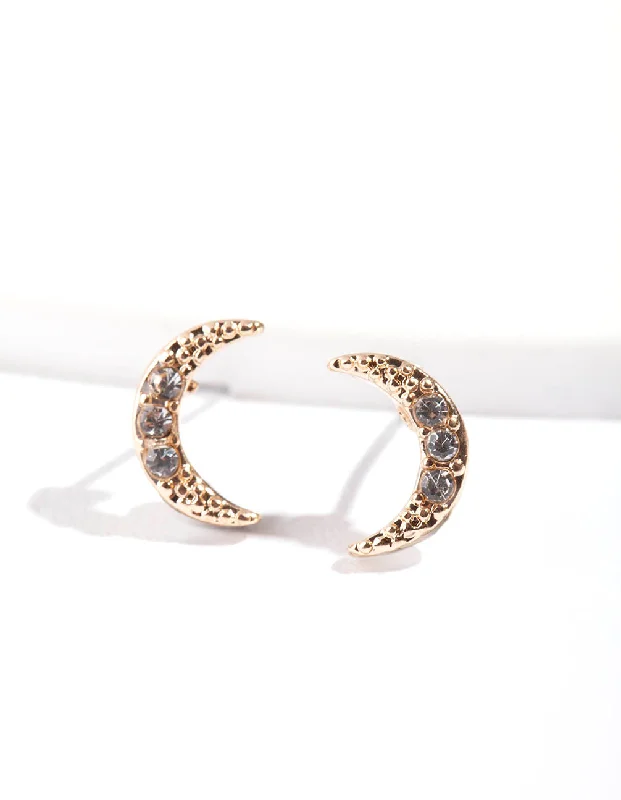 Large gemstone ladies earrings-Gold Pave Diamante Crescent Moon Stud Earrings