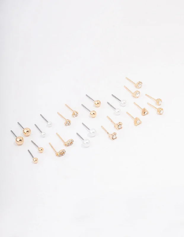 Classic pearl earrings for women-Gold Classic Pearl & Diamante Stud Earring 12-Pack