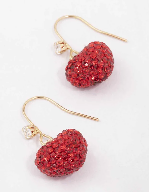 Trendy geometric ladies earrings-Gold & Red Glamorous Puffy Heart Drop Earrings