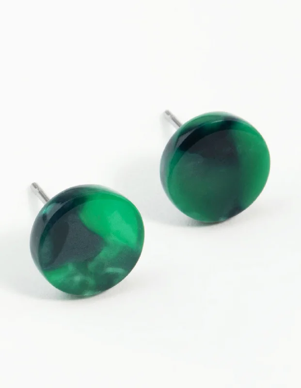 Affordable gold ladies earrings-Green Resin Mini Circle Stud Earrings