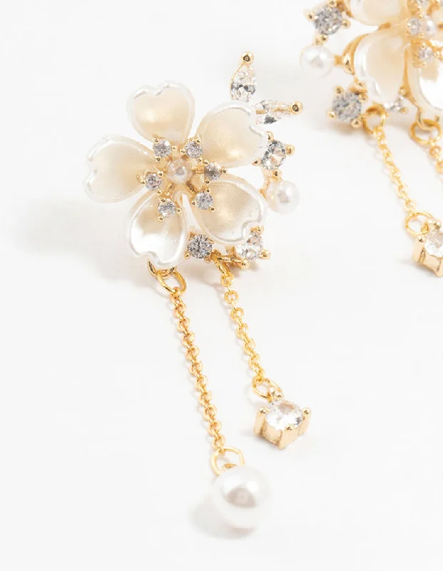 Exclusive designer ladies earrings-Gold Plated Acrylic Flower Pearl Drop Earrings