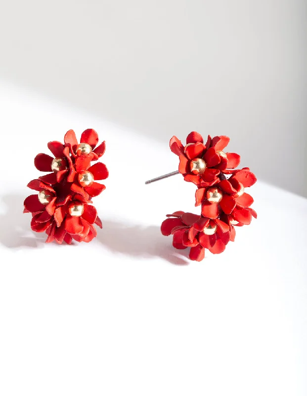 Beautiful vintage ladies earrings-Red Flower Cluster Hoop Earrings