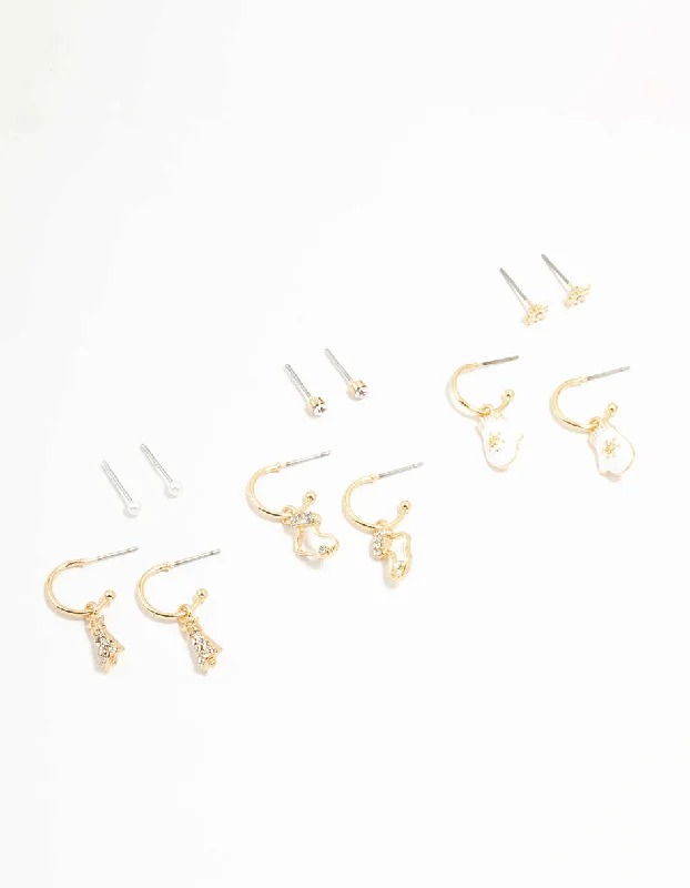 Statement earrings for women-Gold Winter Mitten & Christmas Tree  Earrings 6-Pack