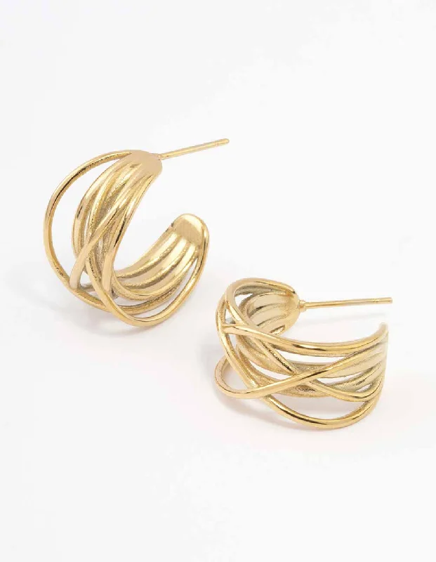 Drop ladies earrings with pearls-Waterproof Gold Plated Stainless Steel Organic Wire Hoop Earrings