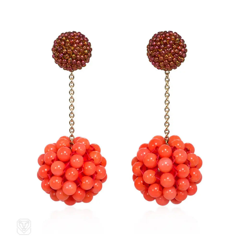 Exclusive designer ladies earrings-Long cinnamon-colored glass and coral beaded earrings