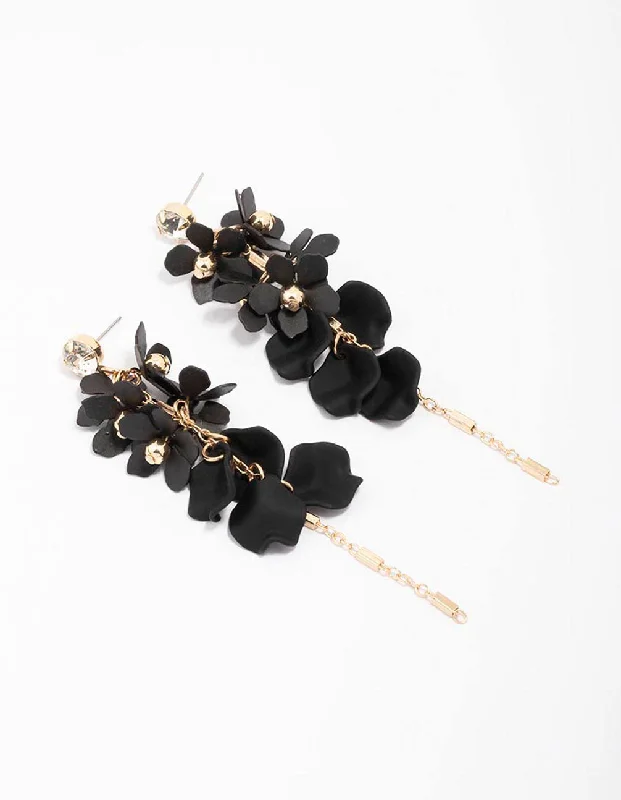 Vintage pearl earrings for ladies-Gold & Black Petal Diamante Chain Drop Earrings