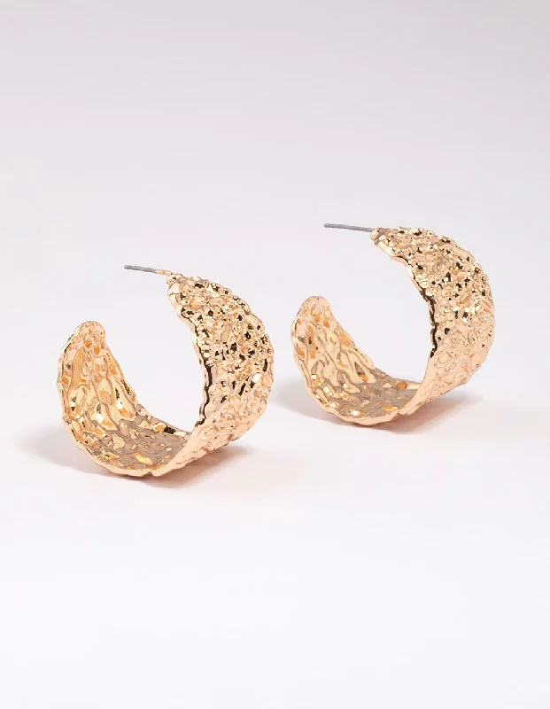 Handcrafted ladies earrings with gemstones-Gold Hammered Hoop Earrings