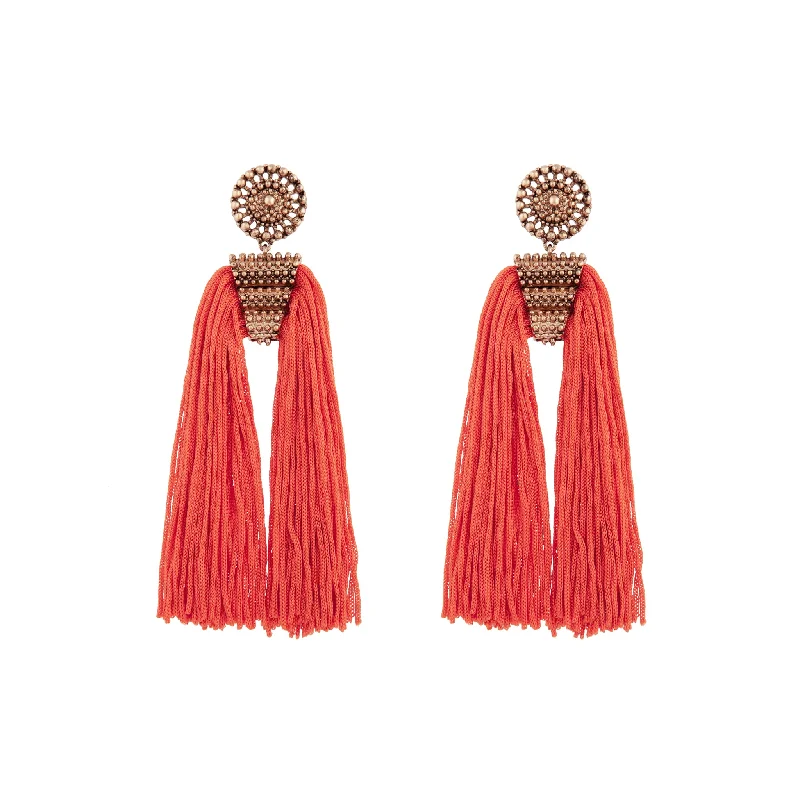 Classic round ladies earrings-Antique Gold Orange Split Tassel Earrings