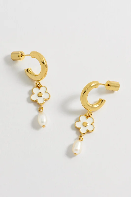 Elegant diamond ladies earrings-Enamel Flower Pearl Drop Hoops