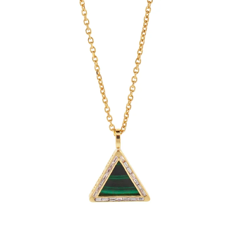 Gemstone ladies necklaces for fashion-Malachite Triangle Pendant Necklace with Diamond Baguettes