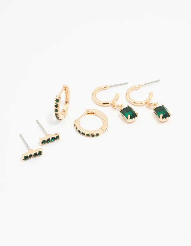 Beautiful vintage ladies earrings-Gold Emerald Stud Earring 3-Pack