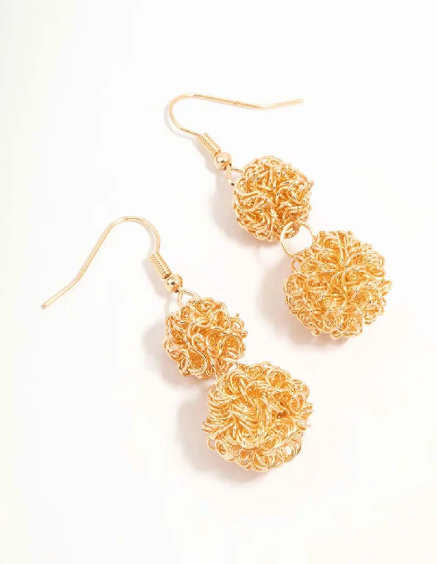 Elegant chandelier ladies earrings-Gold Double Wire Ball Drop Earrings