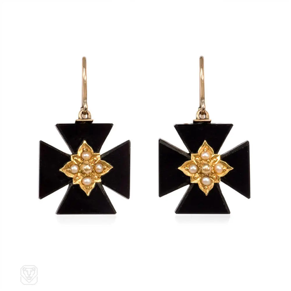 Custom design ladies earrings-Antique onyx cross earrings