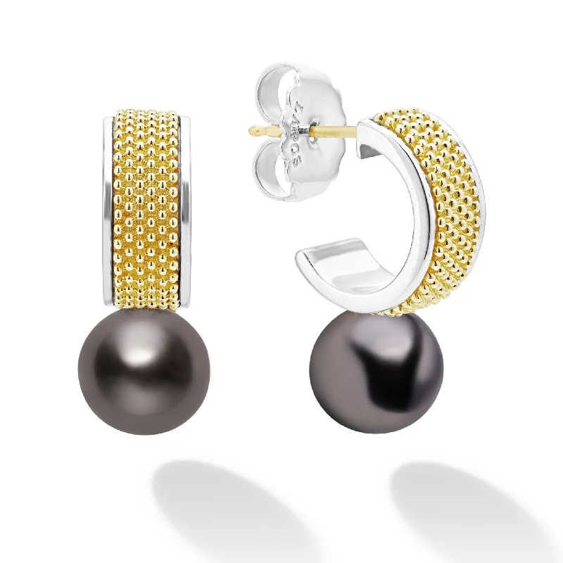 Small hoop earrings for ladies-Luna Two-Tone Tahitian Black Pearl Hoop Earrings