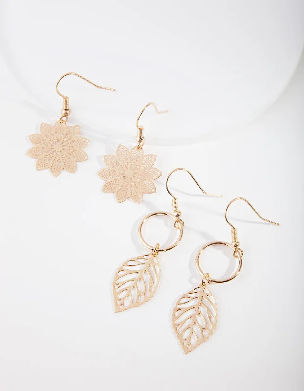 Large dangle ladies earrings-Gold Leaf Layered Earrings