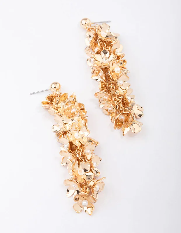 Layered gold ladies earrings-Gold Flower Cluster Drop Earrings