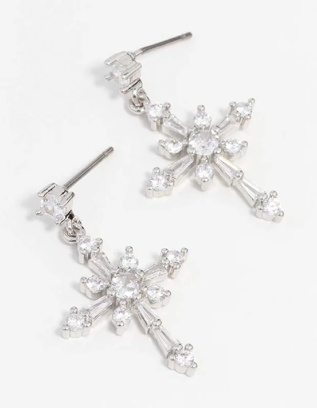 Handcrafted diamond ladies earrings-Silver Cubic Zirconia Cross Drop Earrings