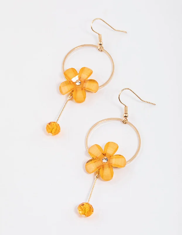 Classic gold hoop ladies earrings-Orange Flower Circle Drop Earrings