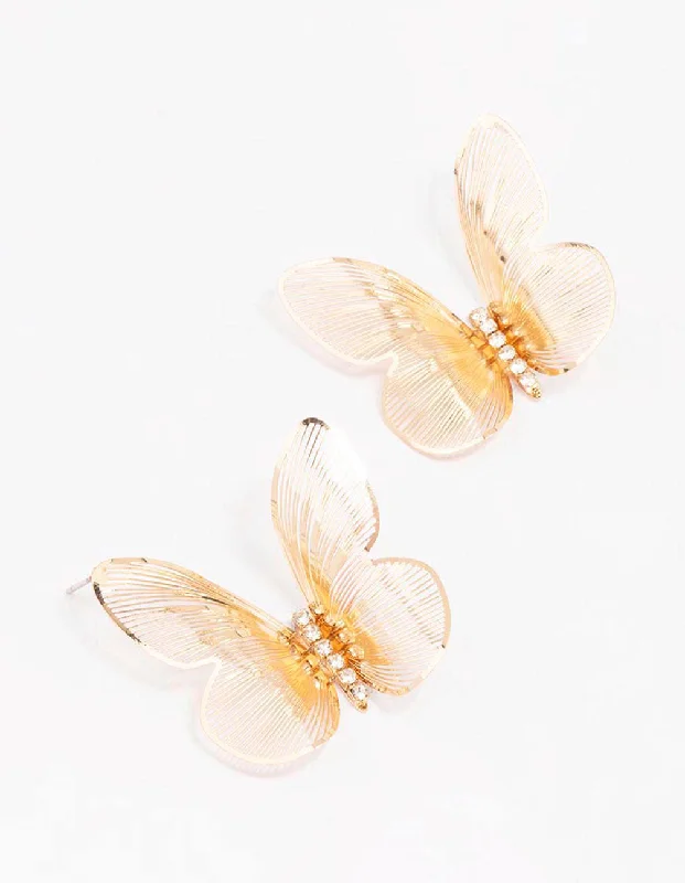 Trendy ladies earrings with gemstones-Gold Decorative Butterfly Stud Earrings