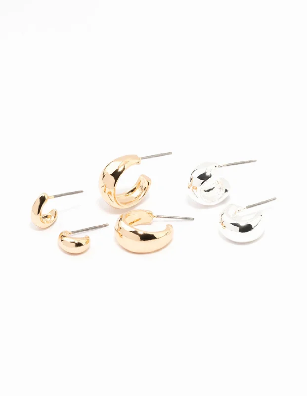 Classic round ladies earrings-Mixed Metals Simple Hoop Earrings 3-Pack