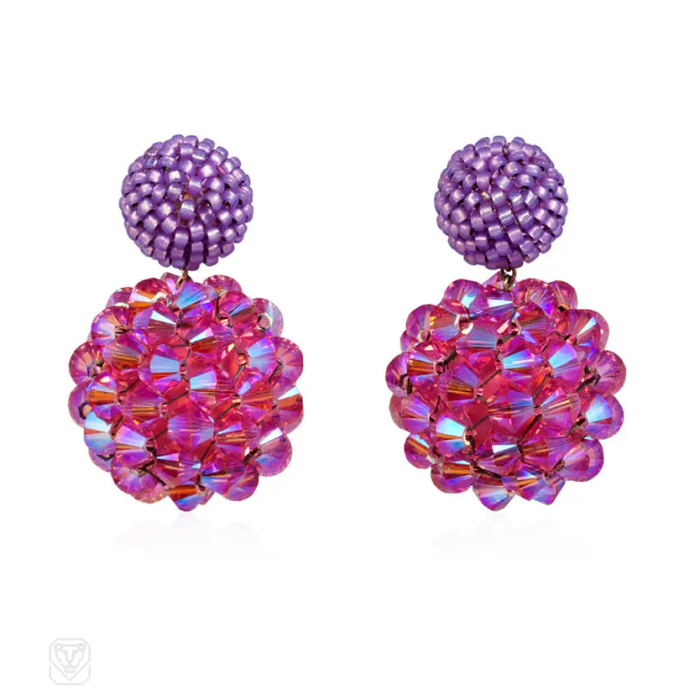 Simple hoop ladies earrings-Glass and crystal beaded ball earrings in violet and pink