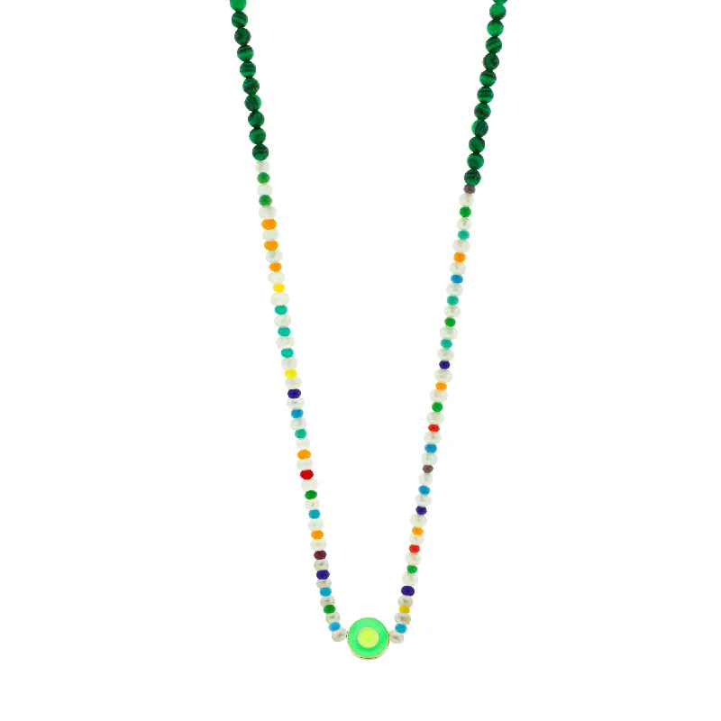 Affordable fashion ladies necklaces-Enameled Neon Green Evil Eye Disk on Beaded Necklace