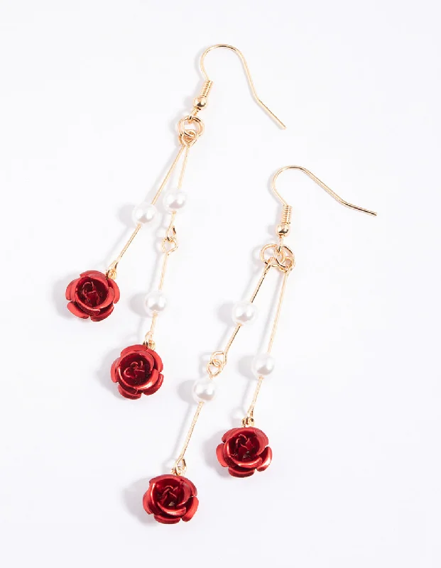 Designer ladies earrings for special occasions-Red Stick Pearl & Rose Drop Earrings