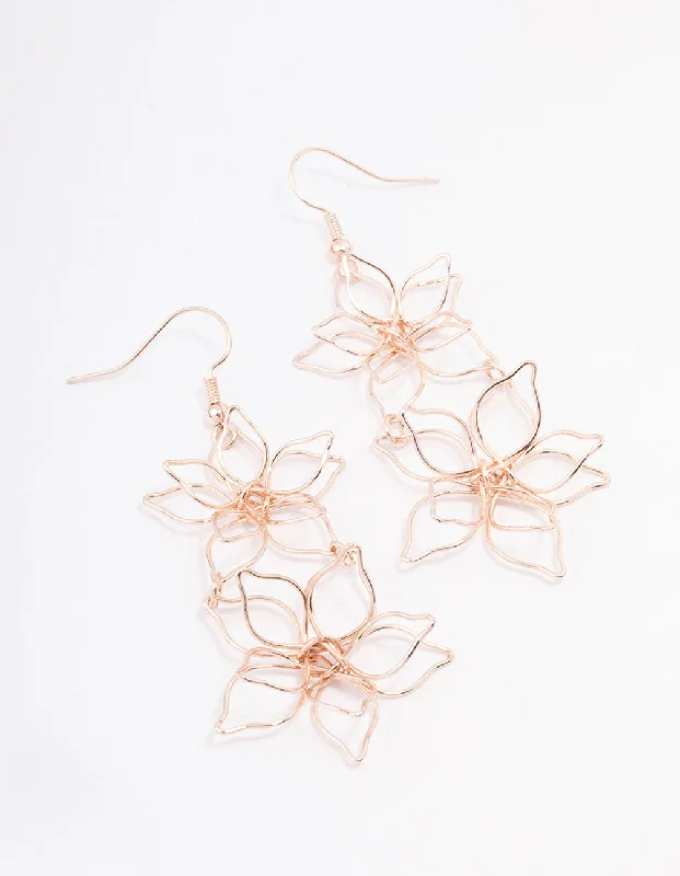 Trendy geometric ladies earrings-Rose Gold Double Wire Flower Drop Earrings