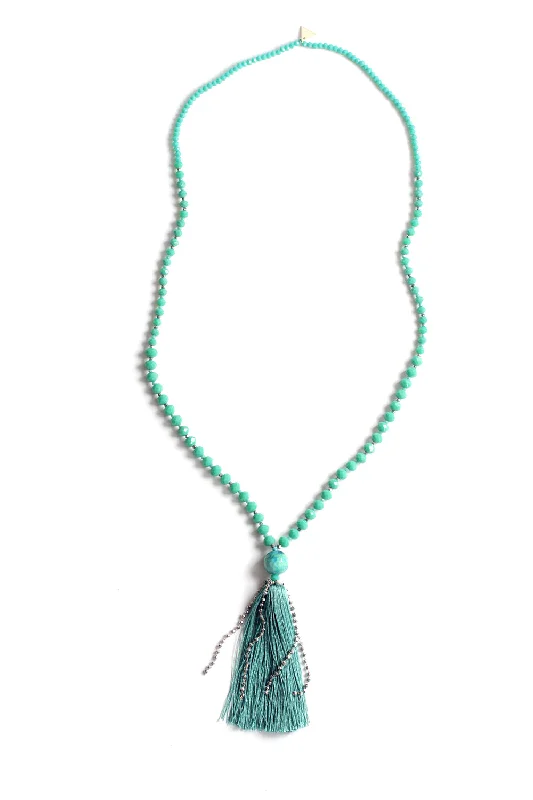 Vintage ladies necklaces with pendants-Crystal Tassel Necklace - Turquoise