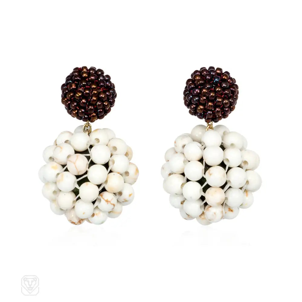 Large gemstone drop earrings-Glass and howlite beaded ball earrings, Axel Russmeyer