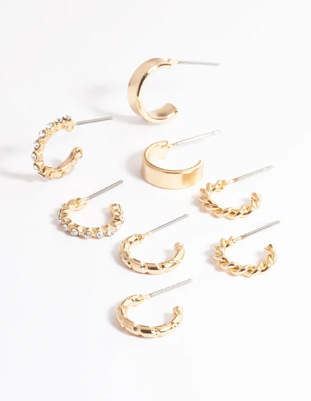 High-quality ladies earrings with diamonds-Gold Diamante & Plain Hoop Earrings 4-Pack