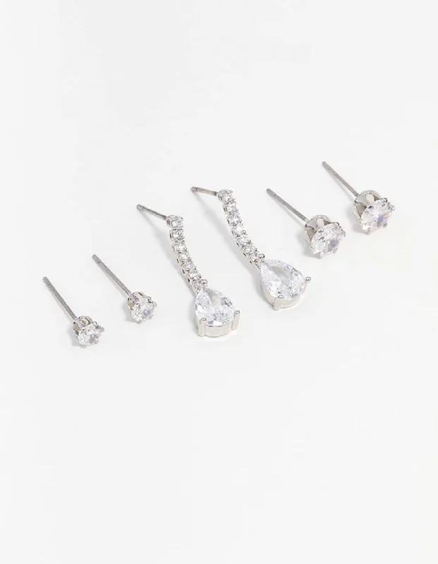 Custom design ladies earrings-Silver Cubic Zirconia Stud & Drop Earrings 3-Pack