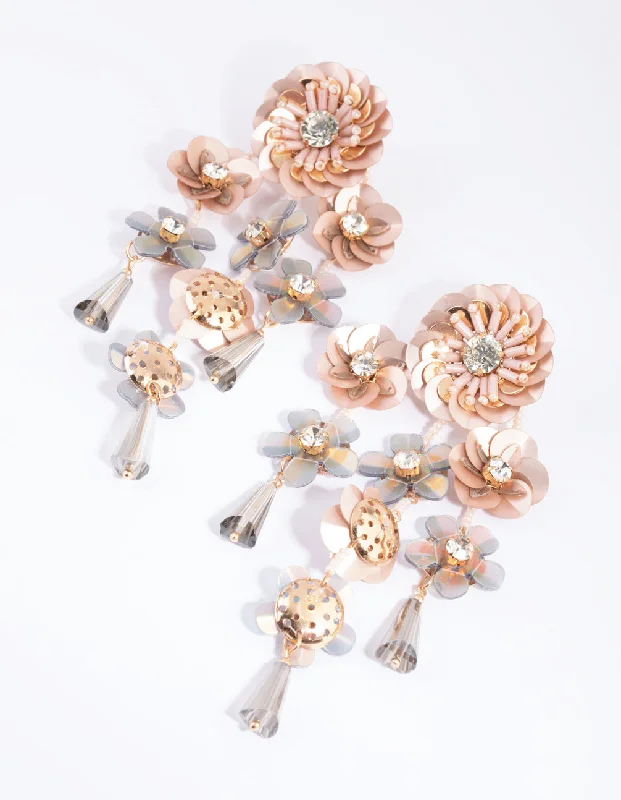 Fashionable diamond ladies earrings-Blush Flower Sequin Drop Earrings