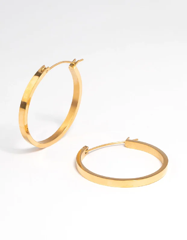 Vintage gemstone earrings-Waterproof Gold Plated Stainless Steel Medium Flat Hoop Earrings