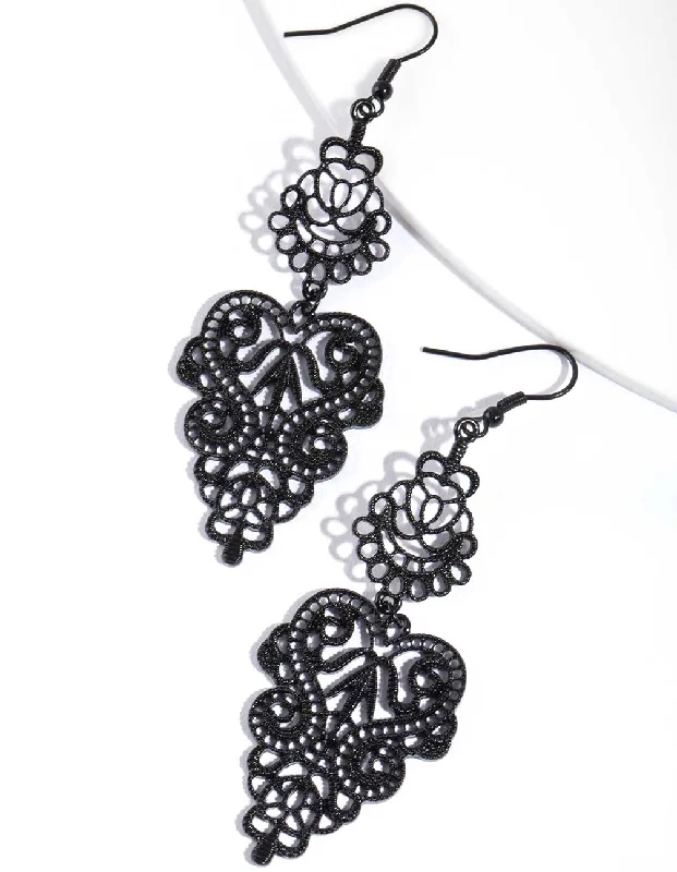 High-end ladies earrings with gemstones-Black Large Filigree Drop Earrings