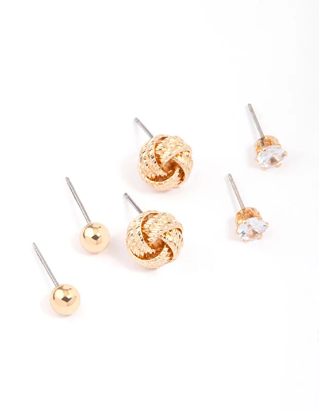 Large pearl ladies earrings-Gold Diamante Knotted Stud Earring 3-Pack