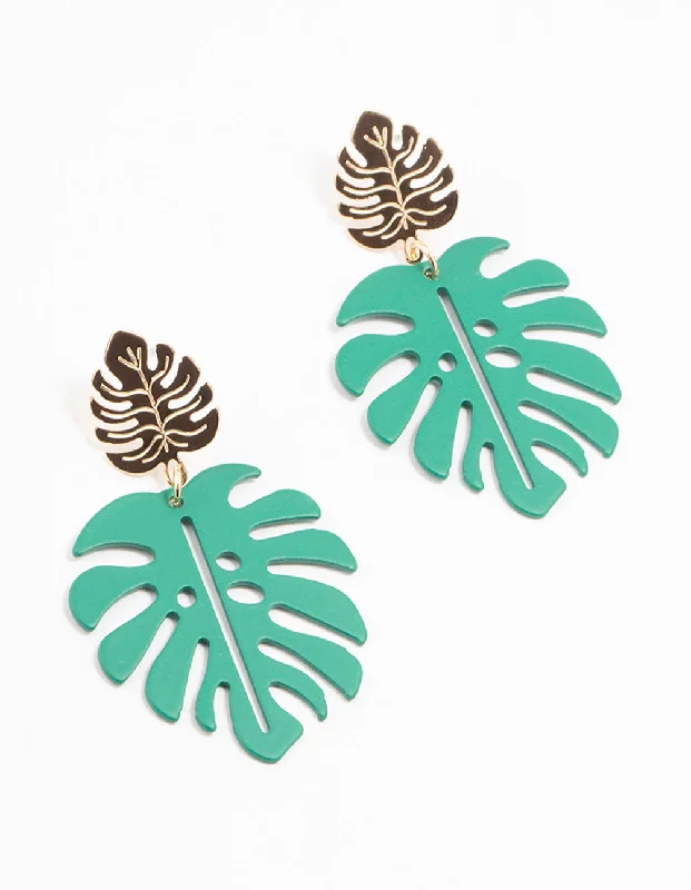 Large dangle ladies earrings-Gold & Green Coated Monstera Leaf Drop Earrings