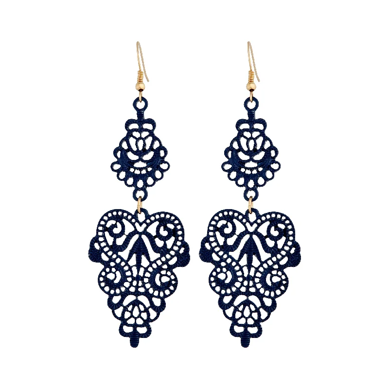 Elegant chandelier ladies earrings-Blue Metal Filigree Drop Earrings