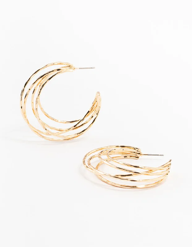 High-quality ladies earrings with diamonds-Gold 3 Row Original Hoop Earrings