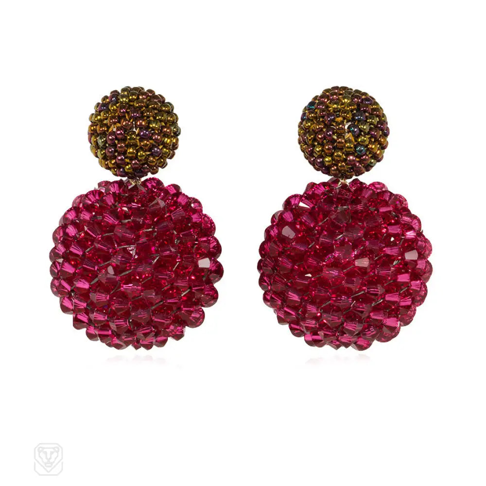 Unique design ladies earrings-Orange luster and fuchsia hand beaded earrings