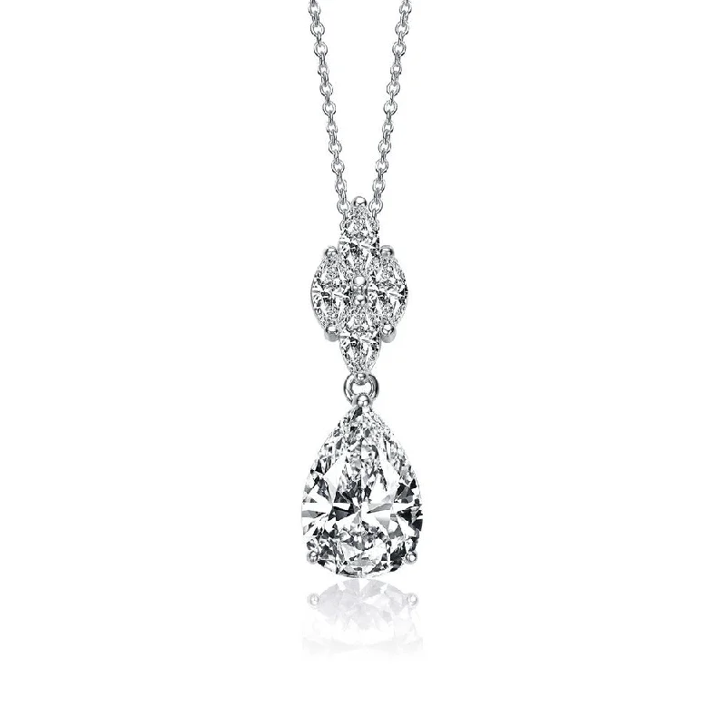 Custom sterling silver ladies necklaces-.925 Sterling Silver With Rhodium Plated Clear Pear With Marquise Cubic Zirconia Cluster Accent Drop Necklace