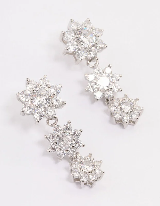 Modern statement ladies earrings-Silver Cubic Zirconia Drop Flower Earrings