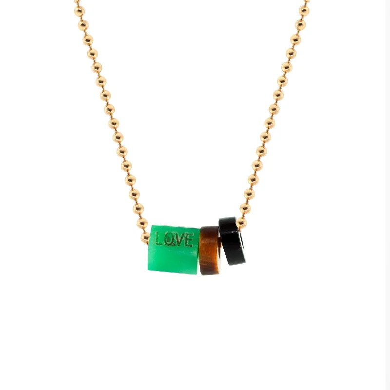 Fashionable ladies necklaces with charms-Carved Chrysoprase "LOVE" Gemstone On Gold Ball Chain Necklace