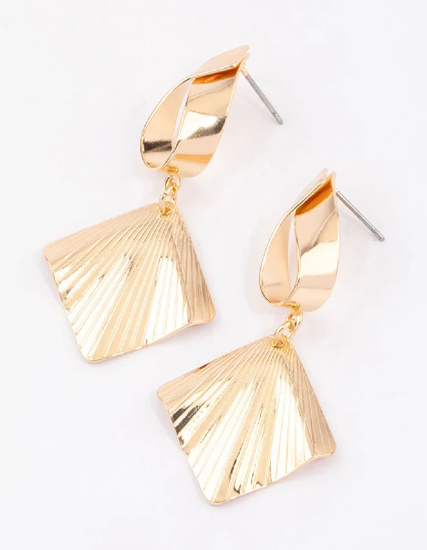 Statement earrings for women-Gold Wrapped Square Fan Drop Earrings