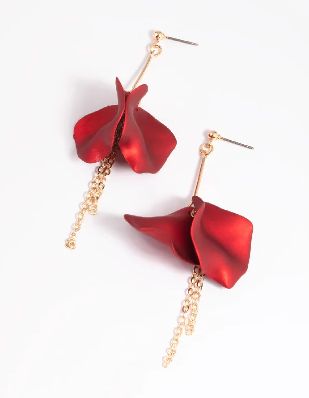 Large dangle ladies earrings-Red Petal & Chain Drop Earrings