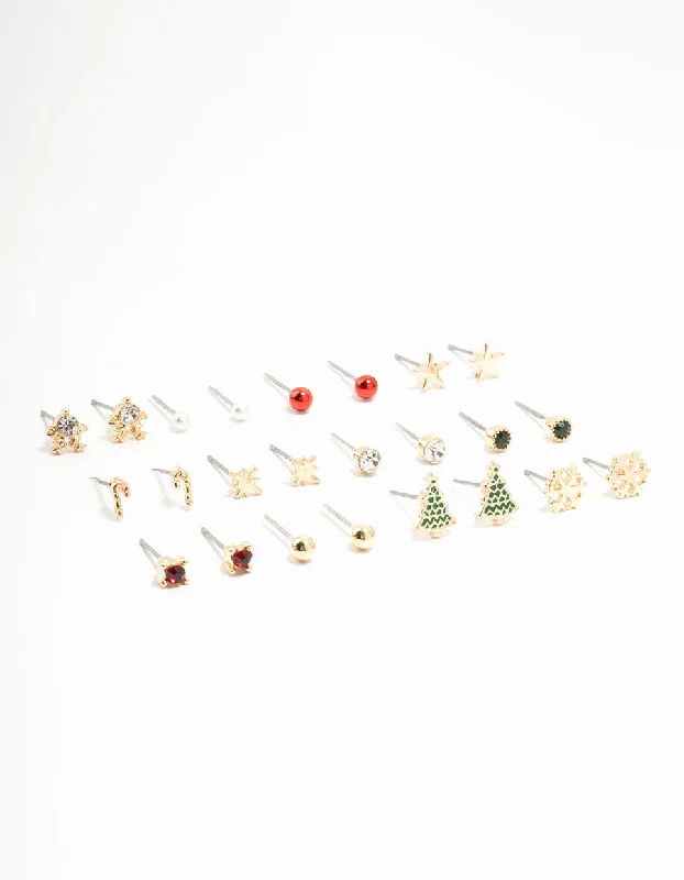 Exclusive designer ladies earrings-Christmas Tree & Candy Cane Stud Earrings 12-Pack