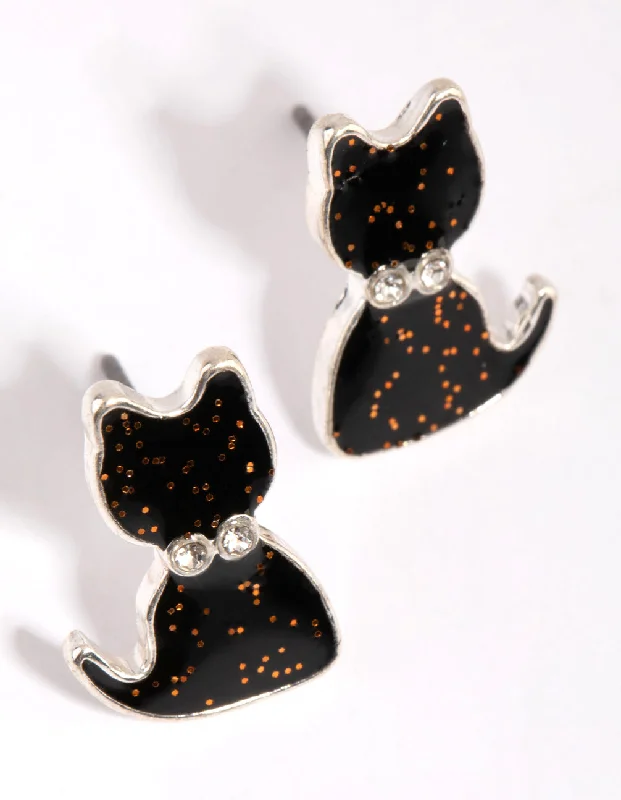 Elegant stud earrings for women-Silver & Black Glitter Cat Stud Earrings